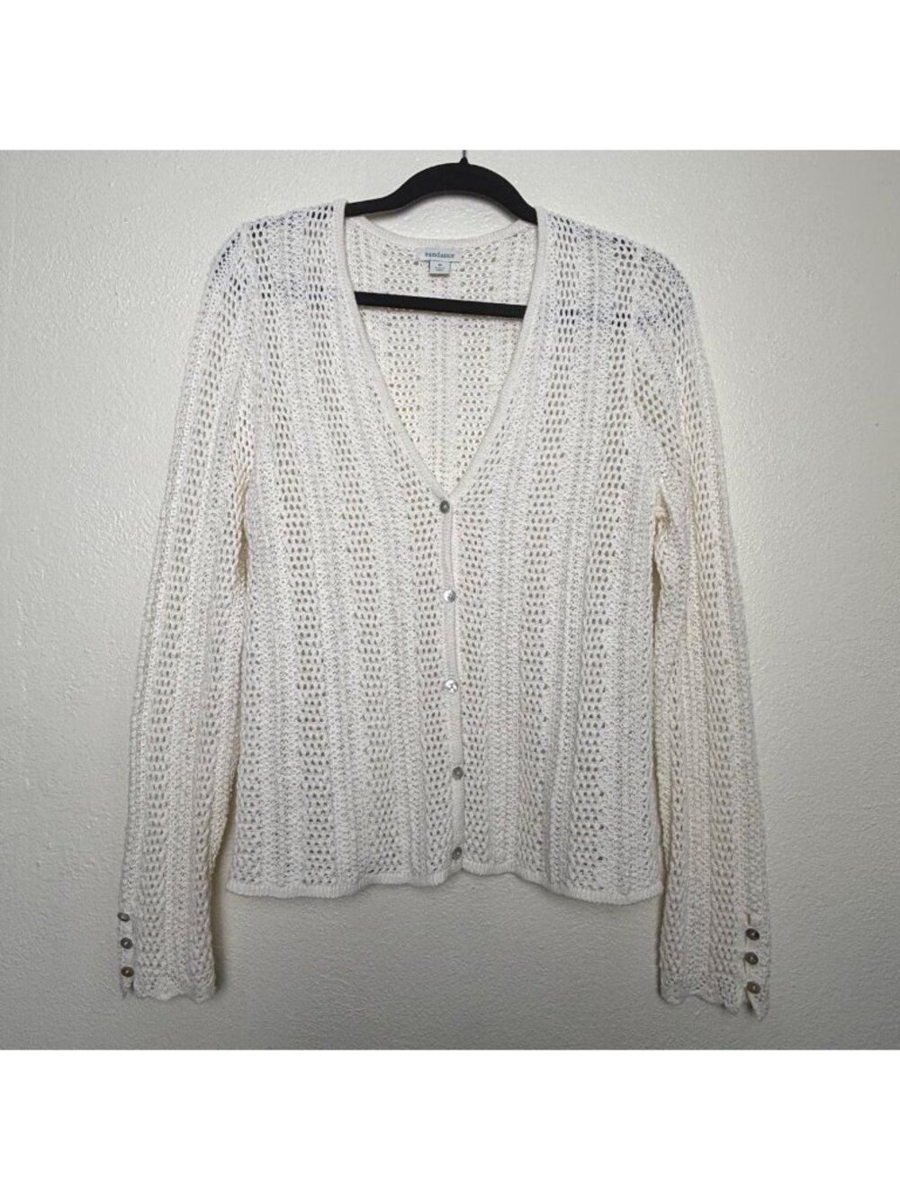 NWOT Sundance Cream Pointelle Open Knit Button Front Cardigan Sweater Size M